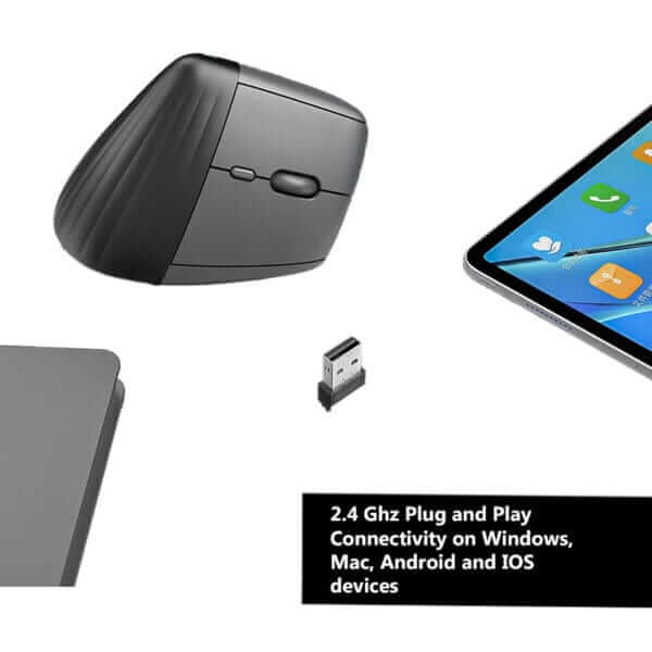 Couso Vertical mouse has plug and play functionality with 2.4 Ghz connectivity and compatibility with Windows, Mac, IOS and android devices.