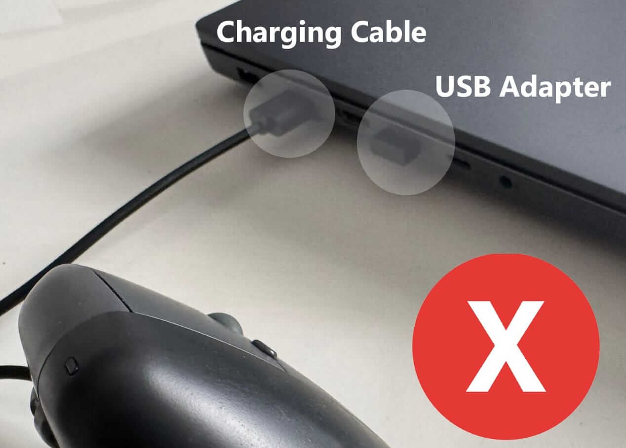 Do not plug in your device for charging and use the 2.4ghz adapter on the same device